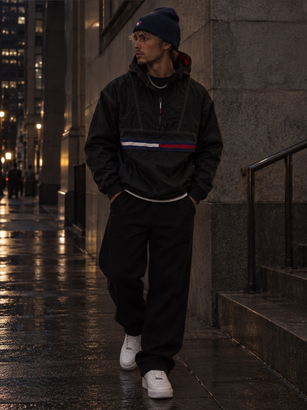 Tommy Hilfiger Black Pullover Windbreaker with Red & Blue Stripe